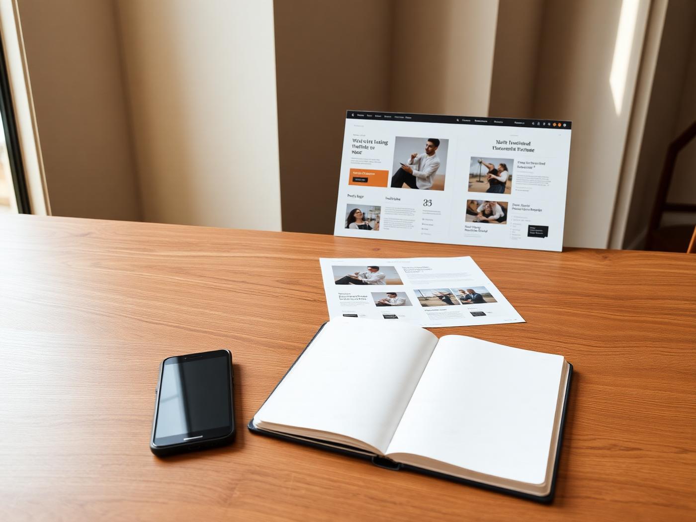 A quiet workspace with printed church website layouts, a notebook, and a phone on a wooden desk.