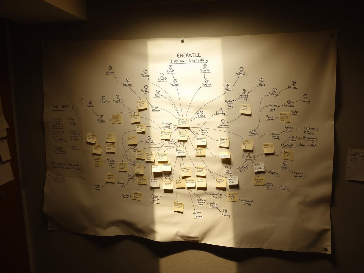 Overhead view of a large paper wall map with hand-drawn nodes and sticky notes describing ministry workflows.